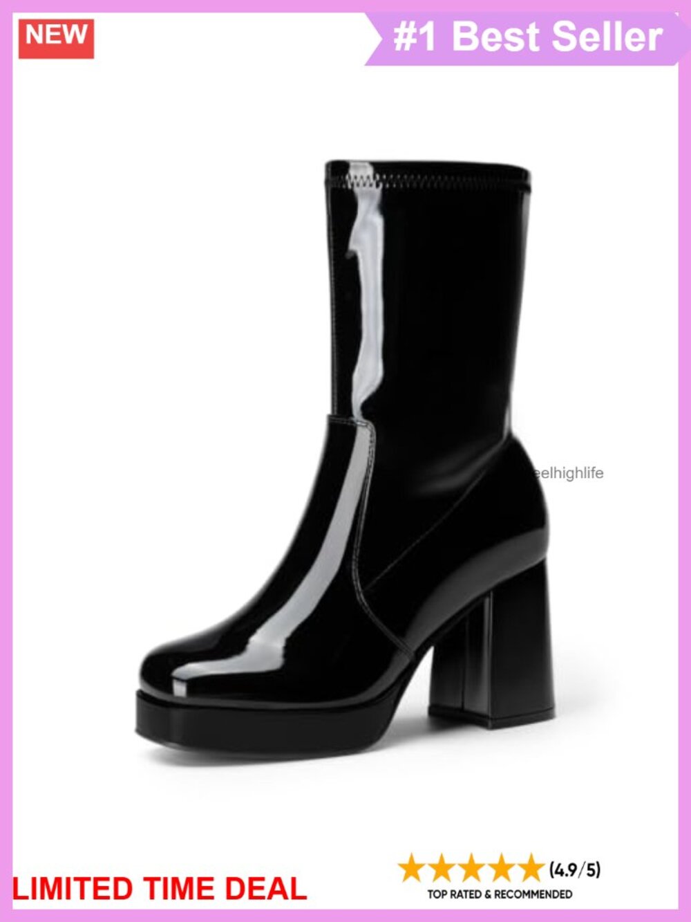Platform Mid Calf Boots Stretch Chunky Block Heel Square Toe Side Zip